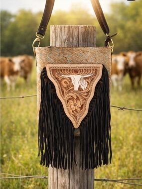 Fringed Cowhide Crossbody Bag with Turquoise Accents